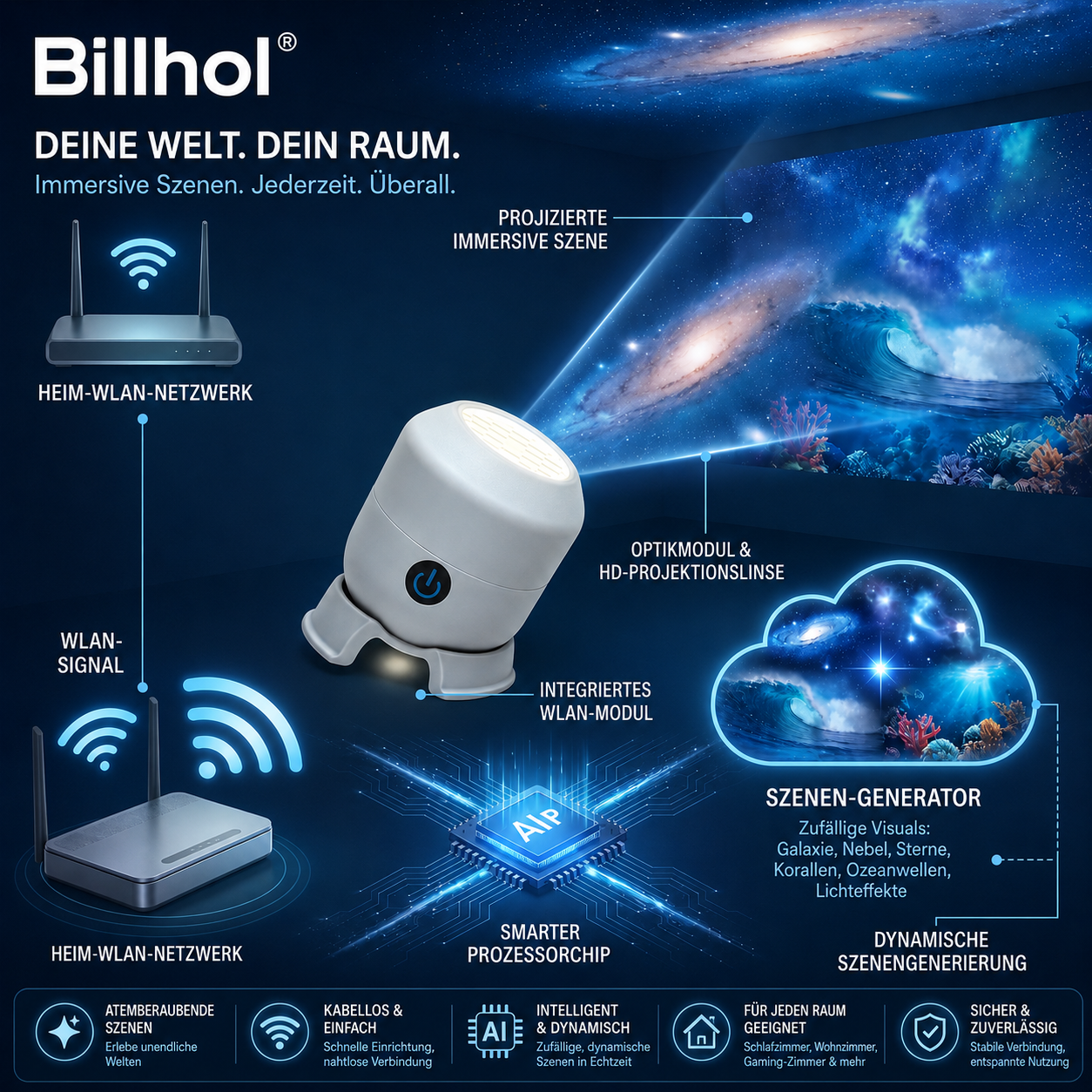 🔥 Letzter Tag: 70 % Rabatt丨Billhol® Nachtlicht-Projektor — Smarter 5D-Holografie-Projektor für Sternenhimmel & Ozean 🌠