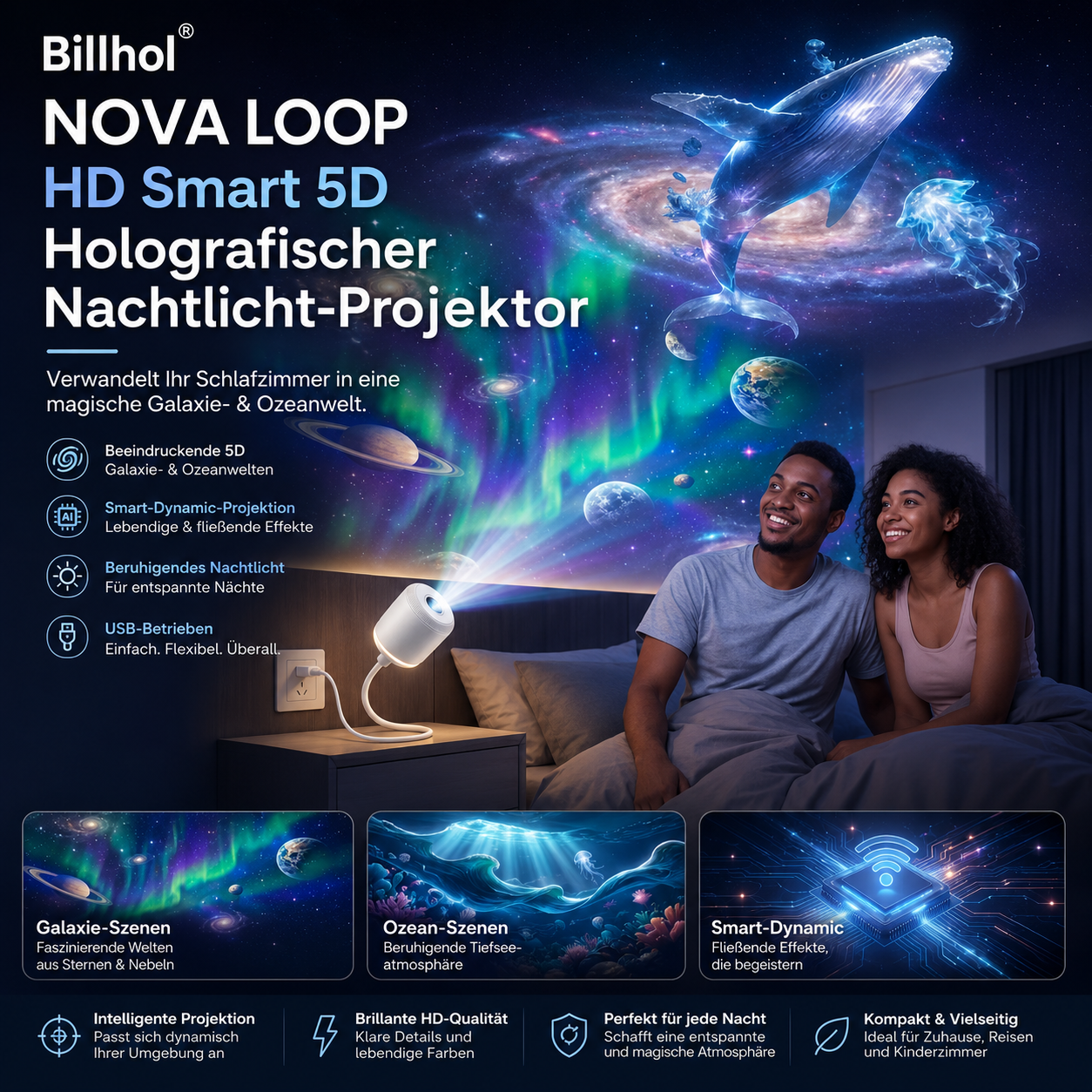 Billhol® Nachtlicht-Projektor – Intelligenter holografischer Sternprojektor🔴