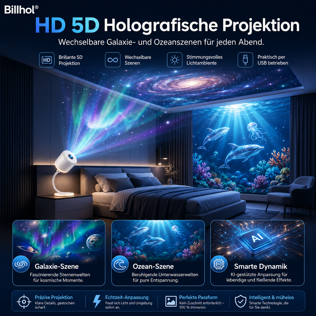 Billhol® Nachtlicht-Projektor – Intelligenter holografischer Sternprojektor🔴