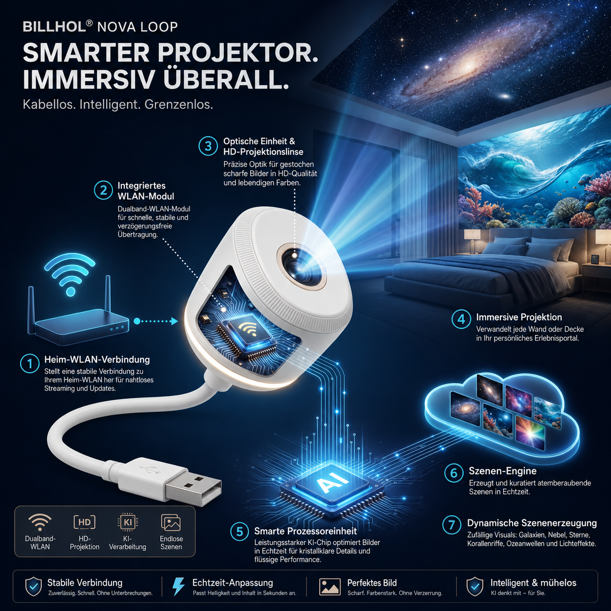 Billhol® Nachtlicht-Projektor – Intelligenter holografischer Sternprojektor🔴